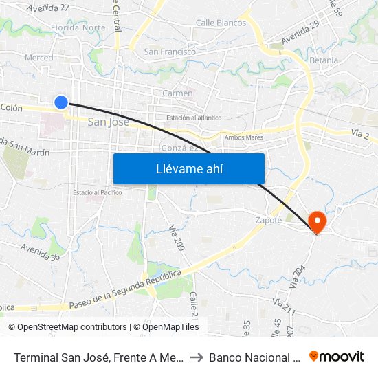 Terminal San José, Frente A Mercado Coca Cola to Banco Nacional De Sangre map