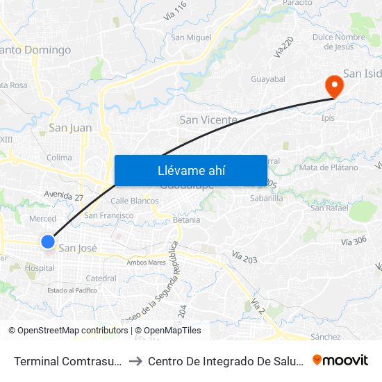 Terminal Comtrasuli San José to Centro De Integrado De Salud De Coronado map