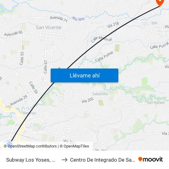 Subway Los Yoses, Montes De Oca to Centro De Integrado De Salud De Coronado map