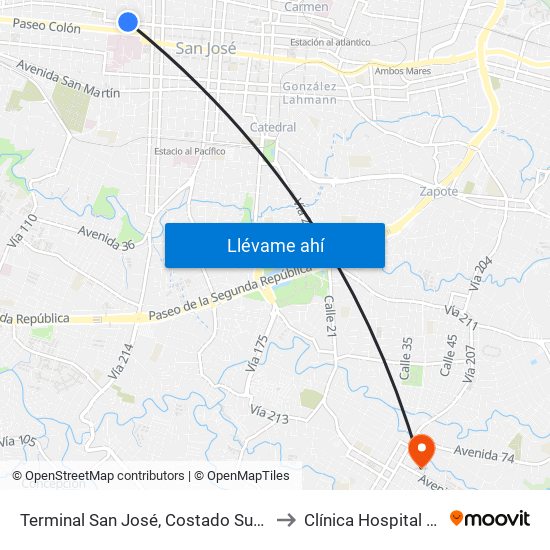 Terminal San José, Costado Sur Mercado La Coca Cola to Clínica Hospital Santa Catalina map