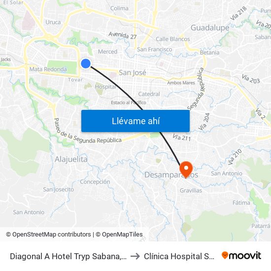 Diagonal A Hotel Tryp Sabana, Mántica San José to Clínica Hospital Santa Catalina map