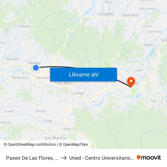 Paseo De Las Flores, Heredia to Uned - Centro Universitario Turrialba map