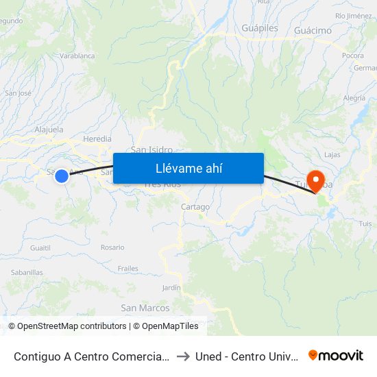 Contiguo A Centro Comercial Santa Ana Town Center to Uned - Centro Universitario Turrialba map