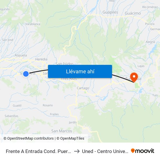 Frente A Entrada Cond. Puerta De Hierro, Santa Ana to Uned - Centro Universitario Turrialba map