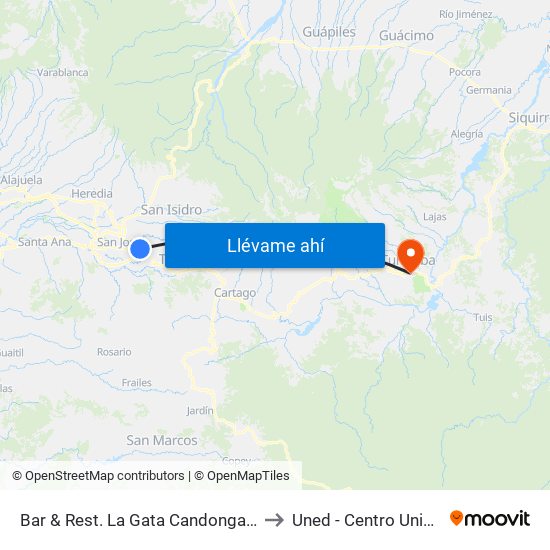 Bar & Rest. La Gata Candonga San Pedro, Montes De Oca to Uned - Centro Universitario Turrialba map