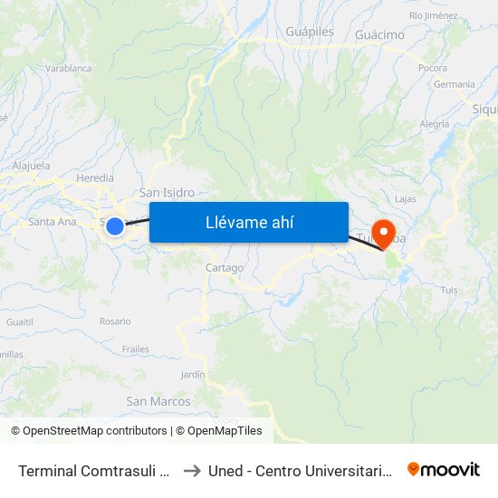 Terminal Comtrasuli San José to Uned - Centro Universitario Turrialba map