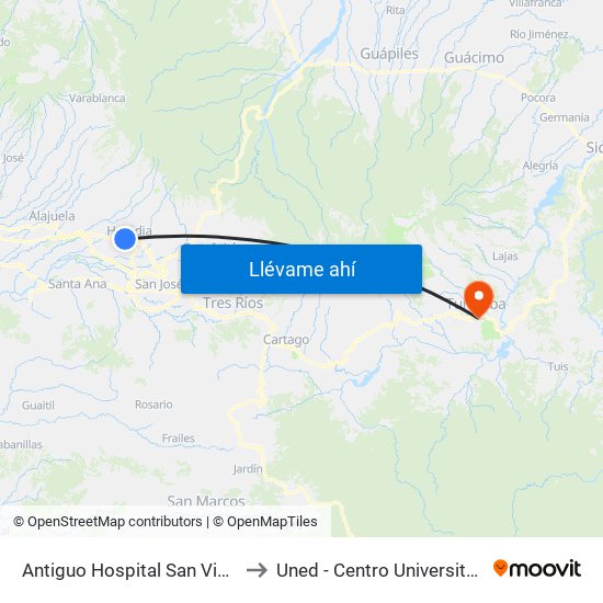 Antiguo Hospital San Vicente De Paul to Uned - Centro Universitario Turrialba map