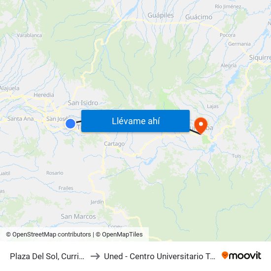 Plaza Del Sol, Curridabat to Uned - Centro Universitario Turrialba map