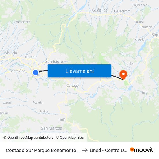 Costado Sur Parque Beneméritos De La Patria, San Francisco San José to Uned - Centro Universitario Turrialba map