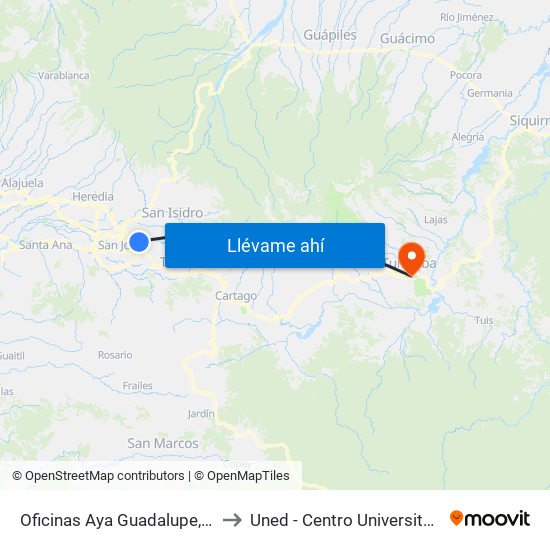 Oficinas Aya Guadalupe, Goicoechea to Uned - Centro Universitario Turrialba map