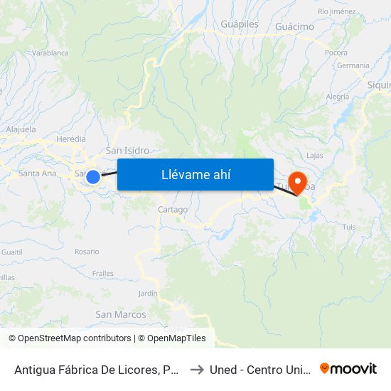 Antigua Fábrica De Licores, Paseo De Las Damas San José to Uned - Centro Universitario Turrialba map