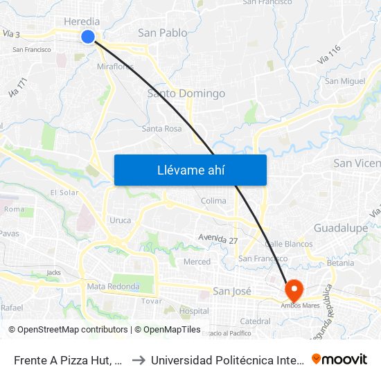 Frente A Pizza Hut, Heredia to Universidad Politécnica Internacional map