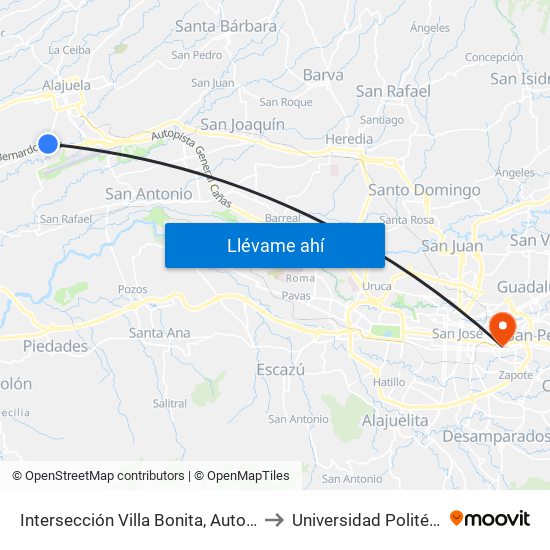 Intersección Villa Bonita, Autopista Bernardo Soto Alajuela to Universidad Politécnica Internacional map