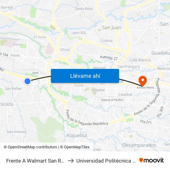 Frente A Walmart San Rafael, Escazú to Universidad Politécnica Internacional map