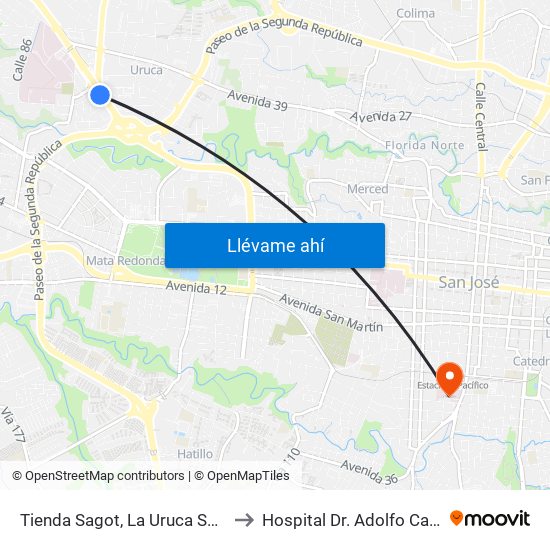 Tienda Sagot, La Uruca San José to Hospital Dr. Adolfo Carit Eva map