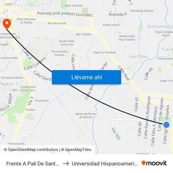 Frente A Palí De Santo Domingo to Universidad Hispanoamericana Heredia map