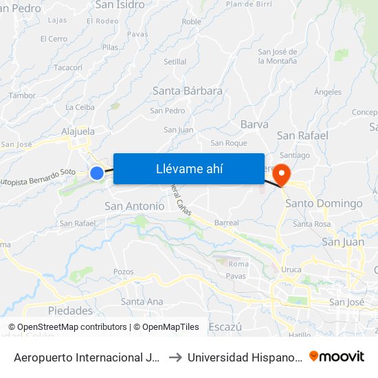 Aeropuerto Internacional Juan Santamaría, Alajuela to Universidad Hispanoamericana Heredia map