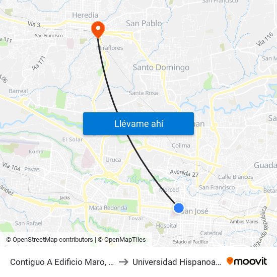 Contiguo A Edificio Maro, Coca Cola San José to Universidad Hispanoamericana Heredia map