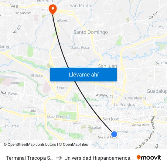 Terminal Tracopa San José to Universidad Hispanoamericana Heredia map