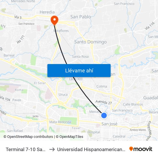 Terminal 7-10 San José to Universidad Hispanoamericana Heredia map