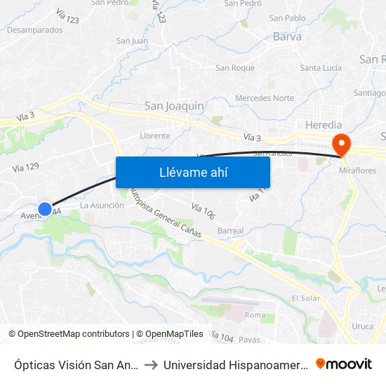 Ópticas Visión San Antonio, Belén to Universidad Hispanoamericana Heredia map