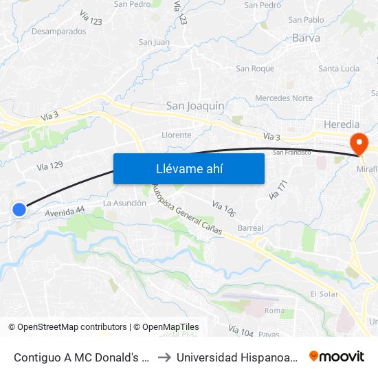 Contiguo A MC Donald's San Antonio, Belén to Universidad Hispanoamericana Heredia map