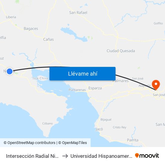 Intersección Radial Nicoya, Nicoya to Universidad Hispanoamericana Heredia map