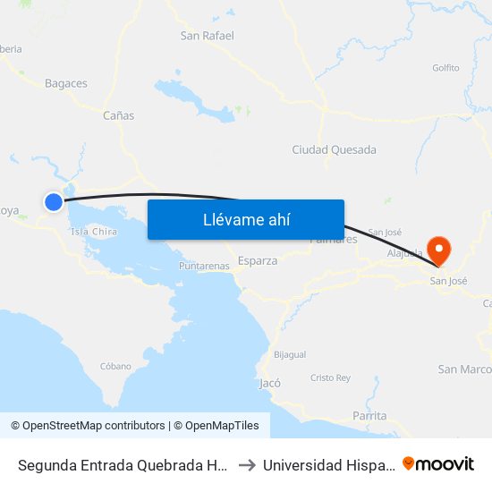 Segunda Entrada Quebrada Honda, Paso Del Tempisque Nicoya to Universidad Hispanoamericana Heredia map