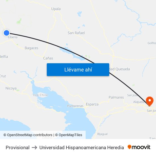 Provisional to Universidad Hispanoamericana Heredia map