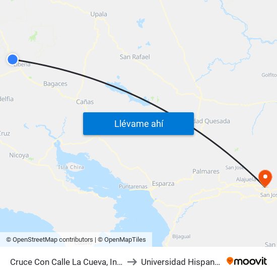 Cruce Con Calle La Cueva, Interamericana Norte Liberia to Universidad Hispanoamericana Heredia map