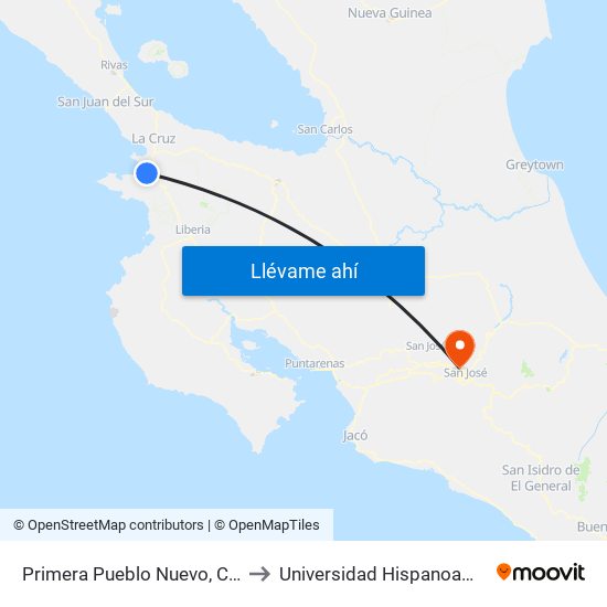 Primera Pueblo Nuevo, Cuajiniquil La Cruz to Universidad Hispanoamericana Heredia map