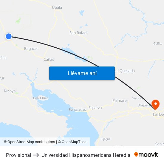 Provisional to Universidad Hispanoamericana Heredia map