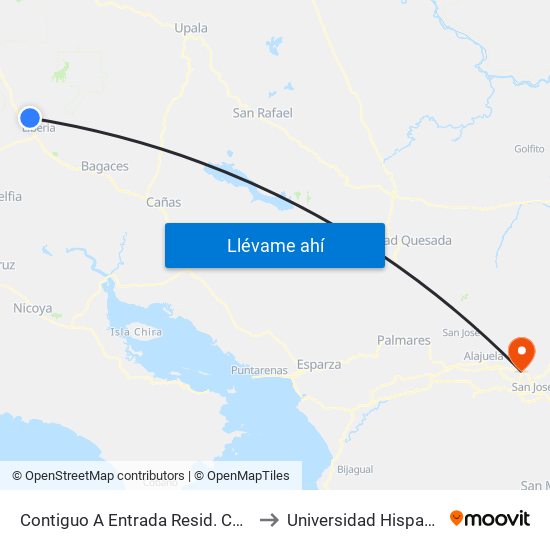 Contiguo A Entrada Resid. Cañon De Sol, Curubandé Liberia to Universidad Hispanoamericana Heredia map