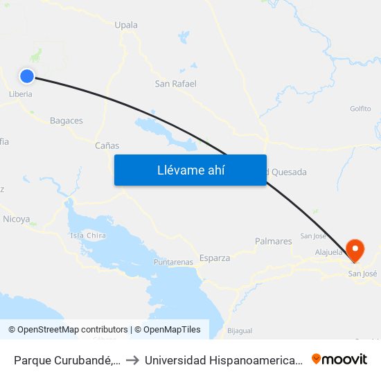 Parque Curubandé, Liberia to Universidad Hispanoamericana Heredia map