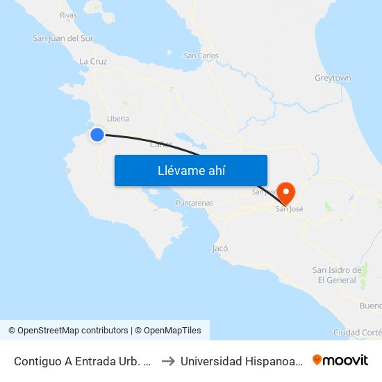 Contiguo A Entrada Urb. Las Palmas, Carrillo to Universidad Hispanoamericana Heredia map