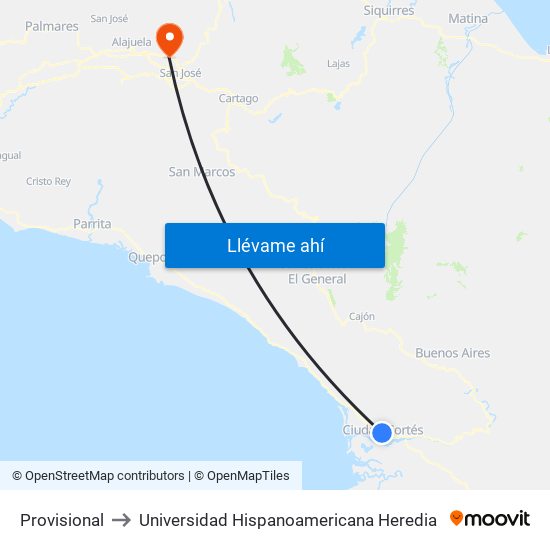 Provisional to Universidad Hispanoamericana Heredia map