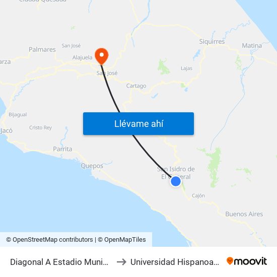 Diagonal A Estadio Municipal Pérez Zeledón to Universidad Hispanoamericana Heredia map