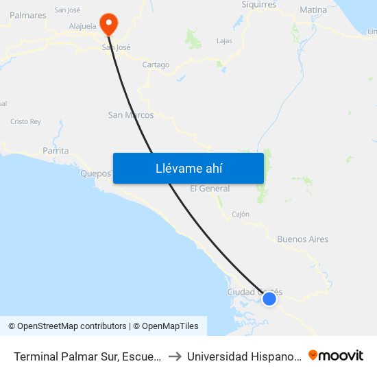 Terminal Palmar Sur, Escuela Central De Palmar Sur to Universidad Hispanoamericana Heredia map