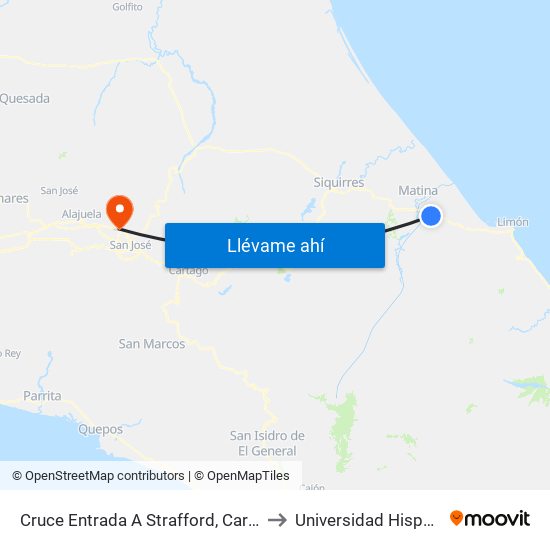 Cruce Entrada A Strafford, Carretera José Joaquín Trejos Matina to Universidad Hispanoamericana Heredia map