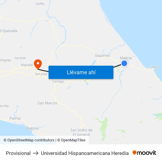 Provisional to Universidad Hispanoamericana Heredia map