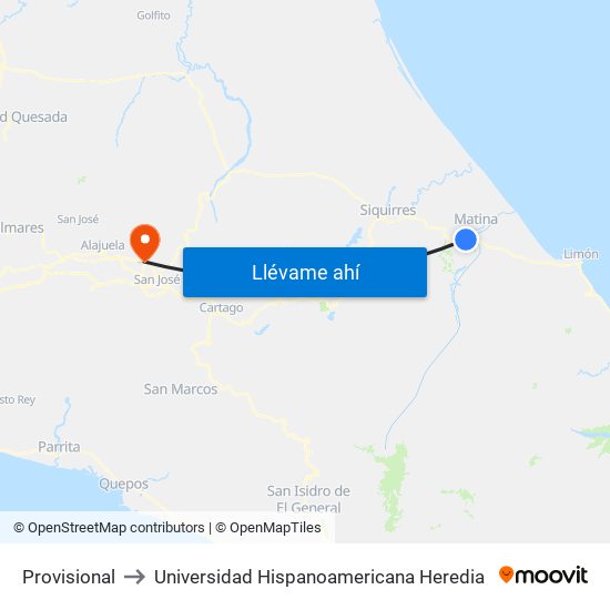 Provisional to Universidad Hispanoamericana Heredia map