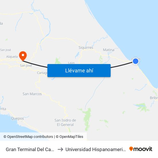 Gran Terminal Del Caribe, Limón to Universidad Hispanoamericana Heredia map
