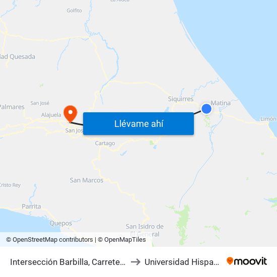 Intersección Barbilla, Carretera José Joaquín Trejos Matina to Universidad Hispanoamericana Heredia map