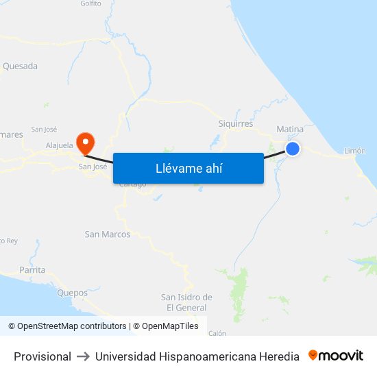 Provisional to Universidad Hispanoamericana Heredia map