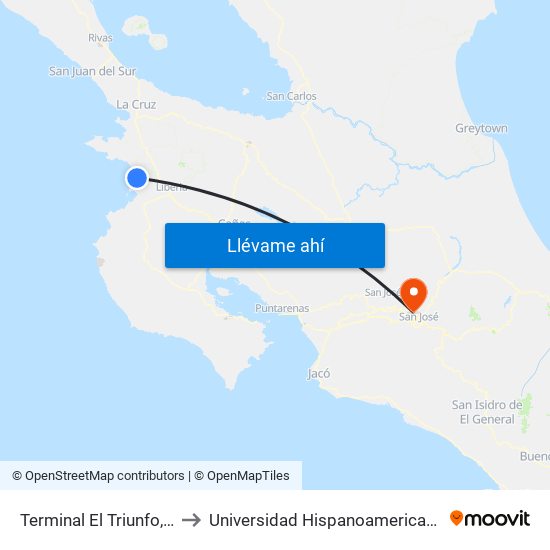 Terminal El Triunfo, Liberia to Universidad Hispanoamericana Heredia map