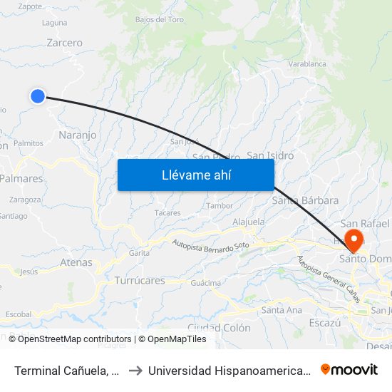 Terminal Cañuela, Naranjo to Universidad Hispanoamericana Heredia map