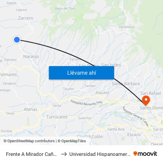 Frente A Mirador Cañuela, Naranjo to Universidad Hispanoamericana Heredia map