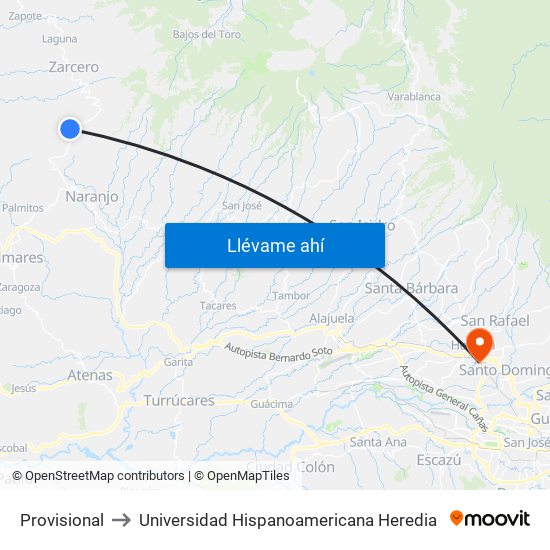 Provisional to Universidad Hispanoamericana Heredia map