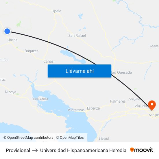 Provisional to Universidad Hispanoamericana Heredia map