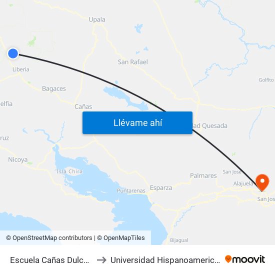 Escuela Cañas Dulces, Liberia to Universidad Hispanoamericana Heredia map